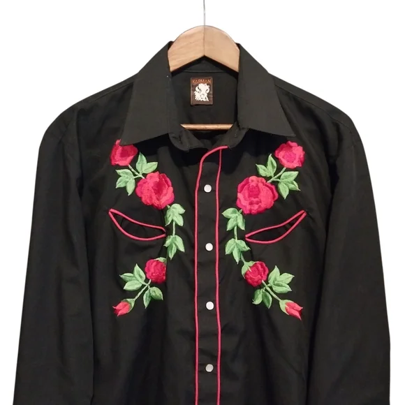 VTG Karman Cowboy Western Peal Snap Embroidered Floral Roses Shirt 80s Mens - Picture 7 of 10